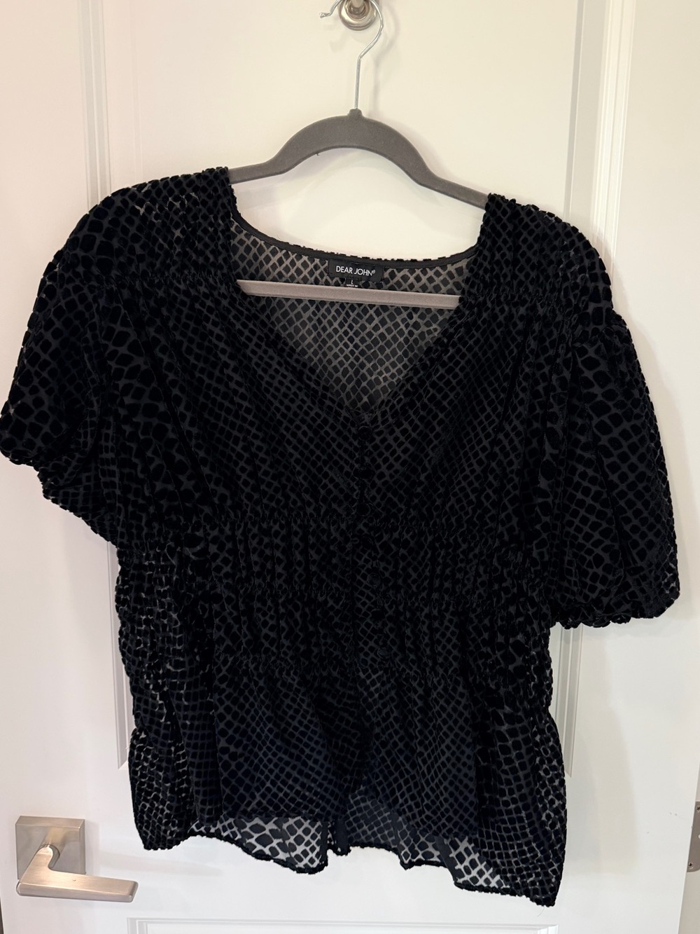 Dear John Black Velvet Burnout Smocked V-Neck Peasant Blouse